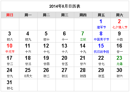 2014年全年日历表带农历及节日 附打印版下载